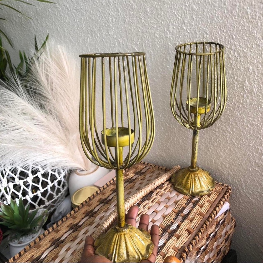 2 Retro Vintage Antique Metal MCM Gold metal candle holders home decor pillar
